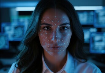 Poster - Futuristic facial recognition system scanning face of female security specialist in high tech monitoring room