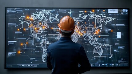 Poster - Back view of an industrial engineer in a hard hat observing a high tech map with illuminated network lines representing global development and technology across various industries and systems