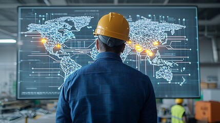 Poster - Industrial Engineer in Hard Hat Observing High Tech Map Showcasing Global Development and Technology The map displays illuminated network lines representing the interconnectedness of infrastructure
