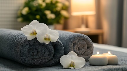Aufkleber - Luxurious Spa Setting with Rolled Towels Flowers and Candlelight for Ultimate Relaxation : Generative AI