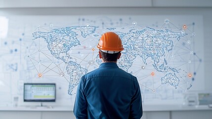 Fototapete - Male engineer in hard hat facing digital world map with interconnected network points symbolizing his focus on international connections and global infrastructure or logistics management