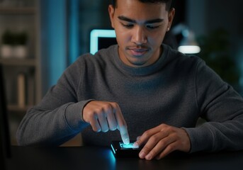 Poster - Focused young man using fingerprint biometrics for authentication on a device in a dimly lit room at night