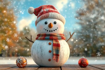 Poster - Jolly Snowman with Red Plaid Scarf and Beanie Amidst Sparkling Snowflakes in Winter Wonderland : Generative AI