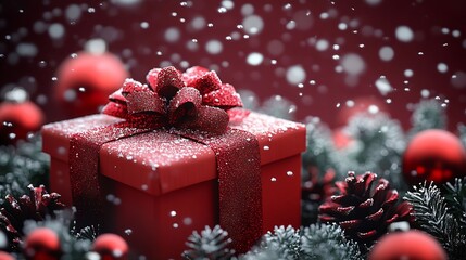 Aufkleber - Sparkling Red Christmas Gift with Bow Amidst Festive Snow and Pine Cones : Generative AI
