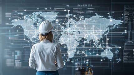 Poster - Construction engineer in hard hat reviewing digital map displaying global interconnected infrastructure network symbolizing urban planning project management