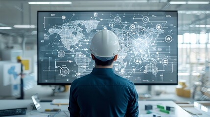 Fototapete - Construction engineer in hard hat examining digital map with interconnected points symbolizing the planning and analysis of global infrastructure projects and networks
