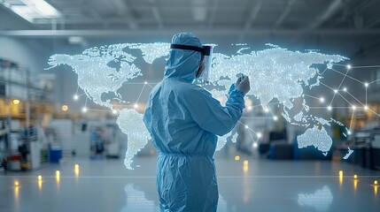Fototapete - Engineer in Protective Gear Stands Before High Tech Global Logistics Map Illustrating Advanced Technology for International Development and Transportation