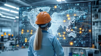 Aufkleber - Industrial Engineer in Protective Helmet Analyzing Digital Map with Illuminated Network Points Showcasing the Concept of International Engineering and Connectivity for Industry Advancement