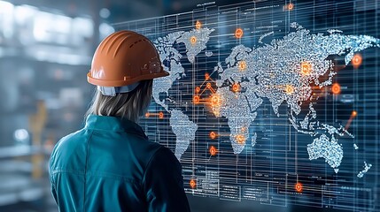 Poster - A professional engineer in a hard hat examining a digital world map with highlighted network points