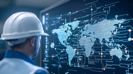 Fototapete - An engineer wearing a hard hat examining a digital world map with highlighted network points symbolizing the planning and technological advancements driving international connectivity and progress