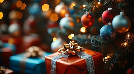 Poster - Christmas Celebration with Elegant Red Gift Box and Glittering Decorations : Generative AI