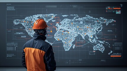 Fototapete - Man in construction gear examining a futuristic high tech digital map displaying illuminated worldwide logistics networks emphasizing themes of engineering technology