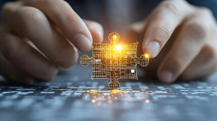 Poster - Macro shot of fingers carefully fitting a puzzle piece surrounded by digital light effects symbolizing the strategy connection and final piece to a technological solution