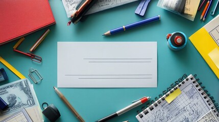 Poster - Blank white envelope with writing lines on a teal background with colorful office supplies.