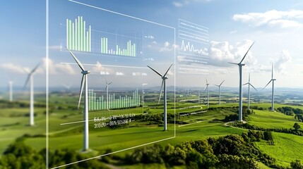 Aufkleber - Close up view of eco friendly technology with a transparent data chart overlay on a green landscape featuring wind turbines representing clean energy analytics and sustainable energy solutions