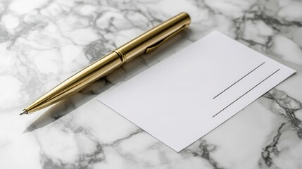 Poster - A gold pen lies next to a blank white card on a marble surface, ready to be used for writing a heartfelt message.