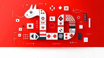 Fototapete - Stylized geometric snake with modern abstract patterns on a vibrant red background featuring a minimalist and clean digital art design