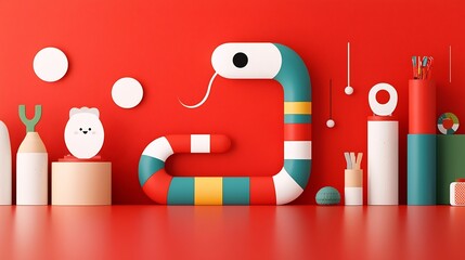 Fototapete - Captivating modern depicting a snake with colorful segmented body and minimalist facial features set against a bold red background creating a visually striking and aesthetically creative design