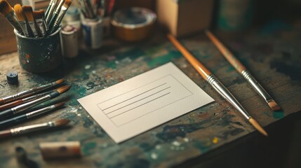 Poster - A blank card rests on an artist's table, surrounded by paintbrushes and other supplies, ready to be filled with creative ideas.