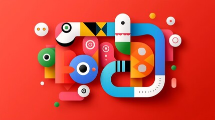 Fototapete - Striking and colorful geometric snake design with abstract shapes and simple features set against a bold red backdrop created in a flat style with a modern minimalist aesthetic