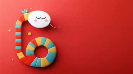 Fototapete - Vibrant and Visually Striking Minimalist Depicting a Modern Stylized Snake with Colorful Geometric Segments Against a Bold Red Background Capturing a Playful and Creative Aesthetic