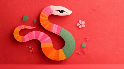 Fototapete - Stylized flat design of a colorful segmented snake in pink orange and green hues set against a red background decorated with subtle floral shapes  Abstract geometric