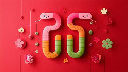 Fototapete - Vibrant and modern of a stylized snake composed of geometric pink orange and green segments set against a red background decorated with subtle floral shapes