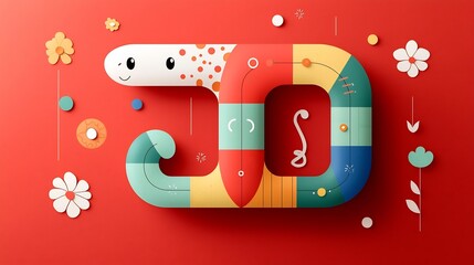 Fototapete - Striking and contemporary flat style of a snake with segmented colors and a minimalist red background featuring abstract floral patterns and geometric design elements