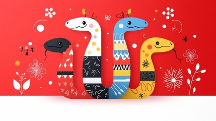 Poster - Vibrant and minimalist snake featuring a segmented flat design with a striking red background and abstract floral motifs  This versatile graphic artwork can be used for various design purposes