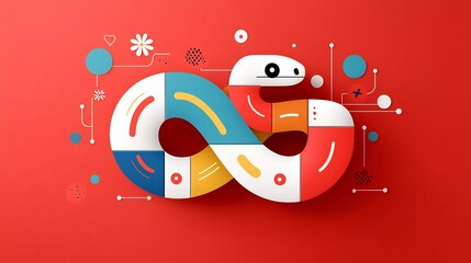 Poster - Minimalist and Vibrant Segmented Snake with Decorative Abstract Floral Motifs on a Red Background