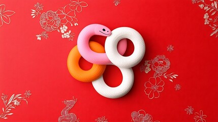 Fototapete - Striking Minimalist Snake Art Design in a Vibrant Color Palette of Pink Orange and White Set Against a Bright Red Background with Subtle Floral Patterns Emphasizing Simplicity and Contemporary Style