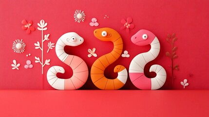 Fototapete - Elegant and Stylized Minimalist Snake Art Set Against a Bright Red Background with Subtle Floral Patterns Emphasizing Simplicity and Modern Design