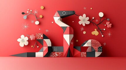 Fototapete - Playful geometric snake in a flat style using a red background with floral designs to enhance the visual interest and create a modern stylized and vibrant visual element