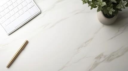 Poster - A clean, minimalist workspace with a keyboard, pen, and potted plant on a white marble surface.