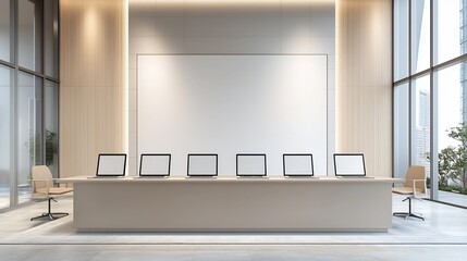 Poster - Minimalist and contemporary 3D rendered office scene featuring six laptops arranged on a large desk with an empty wall behind