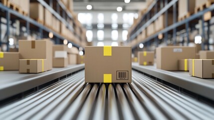 Fototapete - Close up view of cardboard boxes with yellow tape moving on a conveyor belt in a modern warehouse illustrating the organized logistics and efficient distribution processes