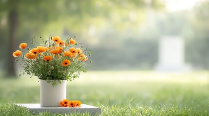 Aufkleber - A solemn scene featuring a bouquet of vibrant orange poppies on a memorial stone with soft warm lighting highlighting the contrast between the flowers and the blurred monument in the background
