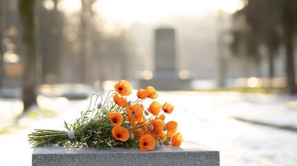 Aufkleber - A solemn memorial tribute scene featuring a bouquet of vibrant orange poppies placed on a stone monument