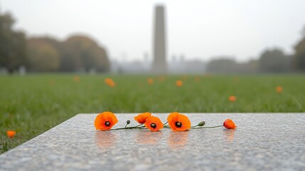 Poster - Delicate orange poppies delicately placed on a memorial stone surrounded by a calm green landscape and a tall blurred monument emphasizing remembrance and honor