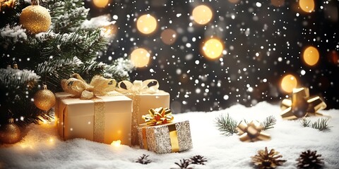 Poster - Festive Gifts under Christmas Tree with Snow and Glowing Lights : Generative AI