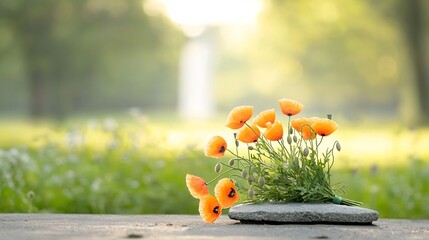 Aufkleber - Soft warm light illuminates a delicate bouquet of vibrant orange poppies resting on a stone in a peaceful blurred scene with a distant monument or landmark in the background