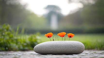 Poster - A serene and respectful tribute featuring bright orange poppies arranged beautifully on a smooth stone surface