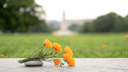 Poster - A serene memorial scene featuring a bouquet of vibrant orange poppies placed on a stone set against a blurred green landscape and monument capturing a peaceful tribute and reflective atmosphere