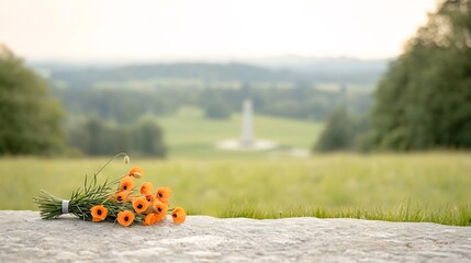 Aufkleber - Peaceful memorial scene with a bouquet of orange poppies placed on a stone capturing a solemn tribute with a blurred green landscape and monument in the background