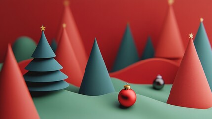 Aufkleber - Minimal christmas concept with christmas trees and christmas balls on red and green background