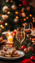 Poster - Elegant Christmas Dinner Table with Wine Glasses and Festive Decor for a Cozy Holiday Celebration : Generative AI