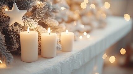 Poster - Cozy Winter Candles Amidst Snowy Fir Branches and Warm Festive Decor : Generative AI