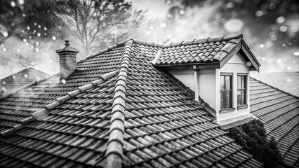 Poster - Close-Up Double Exposure Photography of Roof Tiles Featuring Intricate Patterns and Textures in Black and White with Selective Focus on Architectural Elements