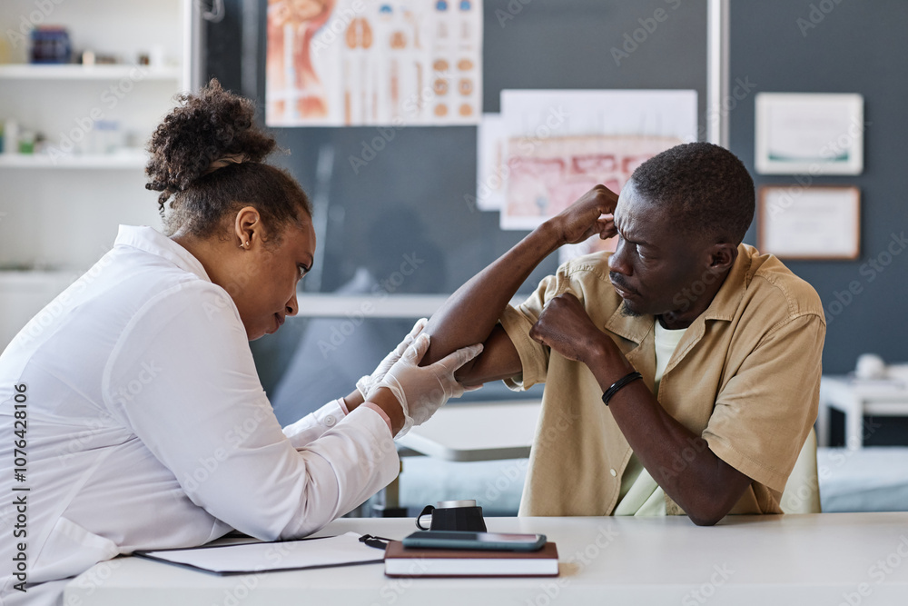 Side view portrait of female dermatologist examining African American ...
