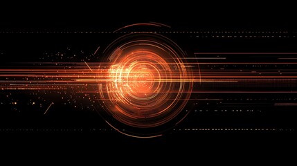 Poster - Abstract orange glowing circle with digital lines and particles.